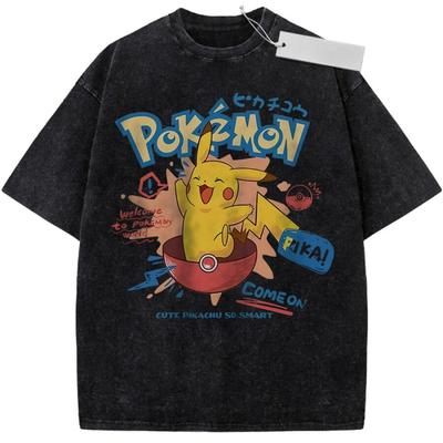 Unisex Washed Black Vintage Tshirt Pokemon Pikachu Come On Highquality Fabric for Home Leisure Travel Shopping