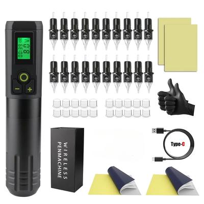 Полный комплект беспроводной тату-машинки со светодиодной батареей для татуировки емкостью 2000 мАч, 20 шт., картриджные иглы для боди-арта, набор для перманентного макияжа