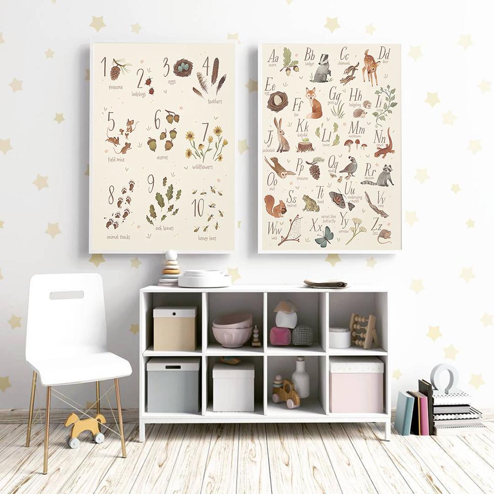 Алфавит и цифры, детский постер с изображением животных, детский обучающий принт, холст, картина, лесная настенная живопись, фотографии для детской комнаты, домашний декор