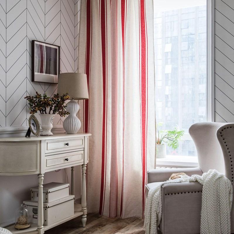 American Cotton Linen Stripe Thick Blackout Home Window Curtains with Tassel Bedroom Kitchen Drapes Living Room Shading Curtain