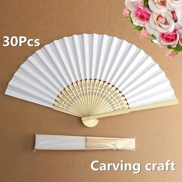 Hand Held Fans White Silk Bamboo Folding Fans Handheld Folded Fan for Wedding, Party, DIY Decoration