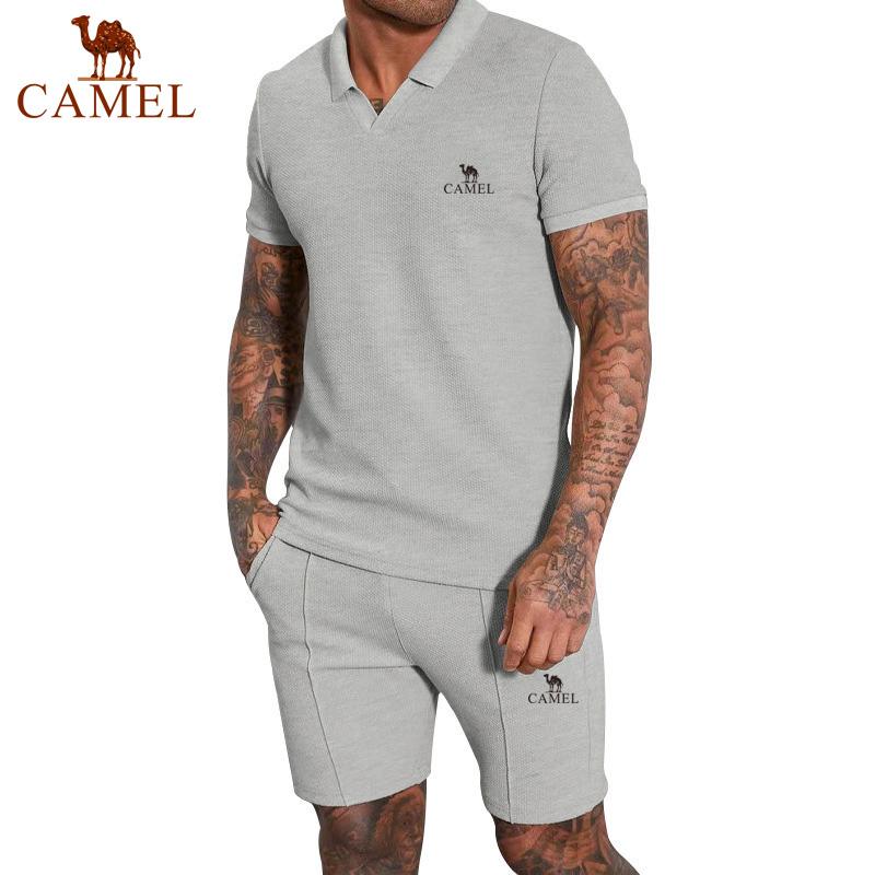 2024 Summer New Embroidered Men's Waffle V-neck Short Sleeved Shorts Two Piece Set with Polo Collar