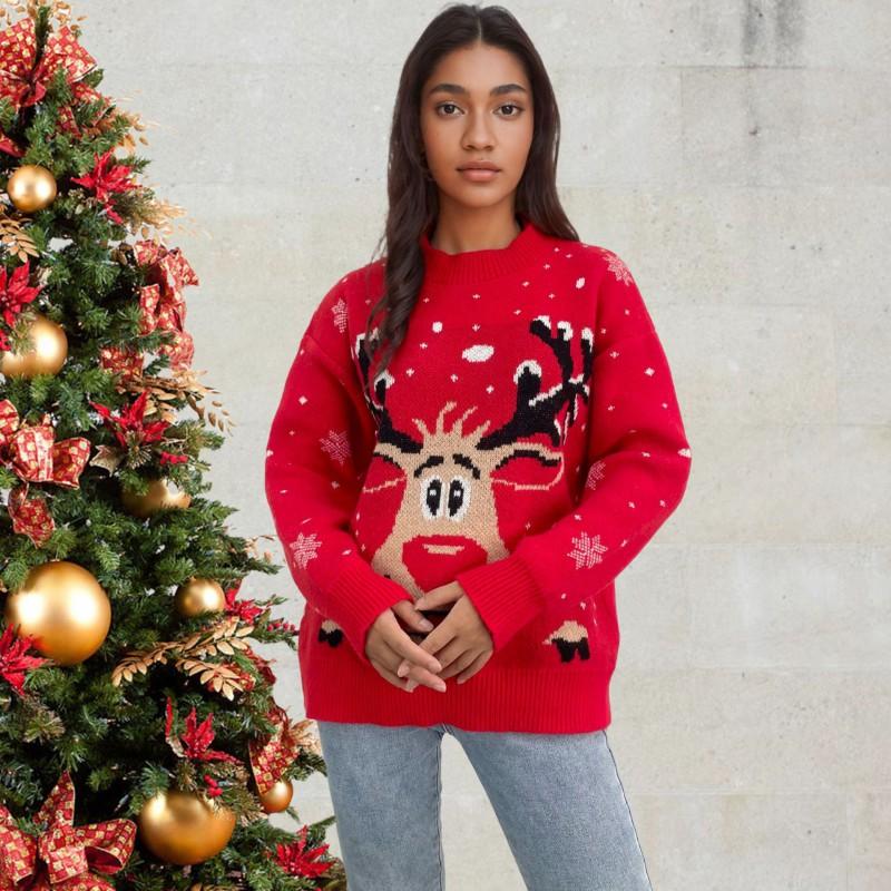 Womens Oversized Christmas Deer Knit Sweater Loose Fit Pullover Top Winter