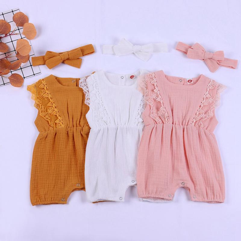 Summer Baby Girl Rompers Baby Solid Lace Design Clothes Linen Ruffles Toddler Flare Sleeve Jumpsuit Headband One-Pieces