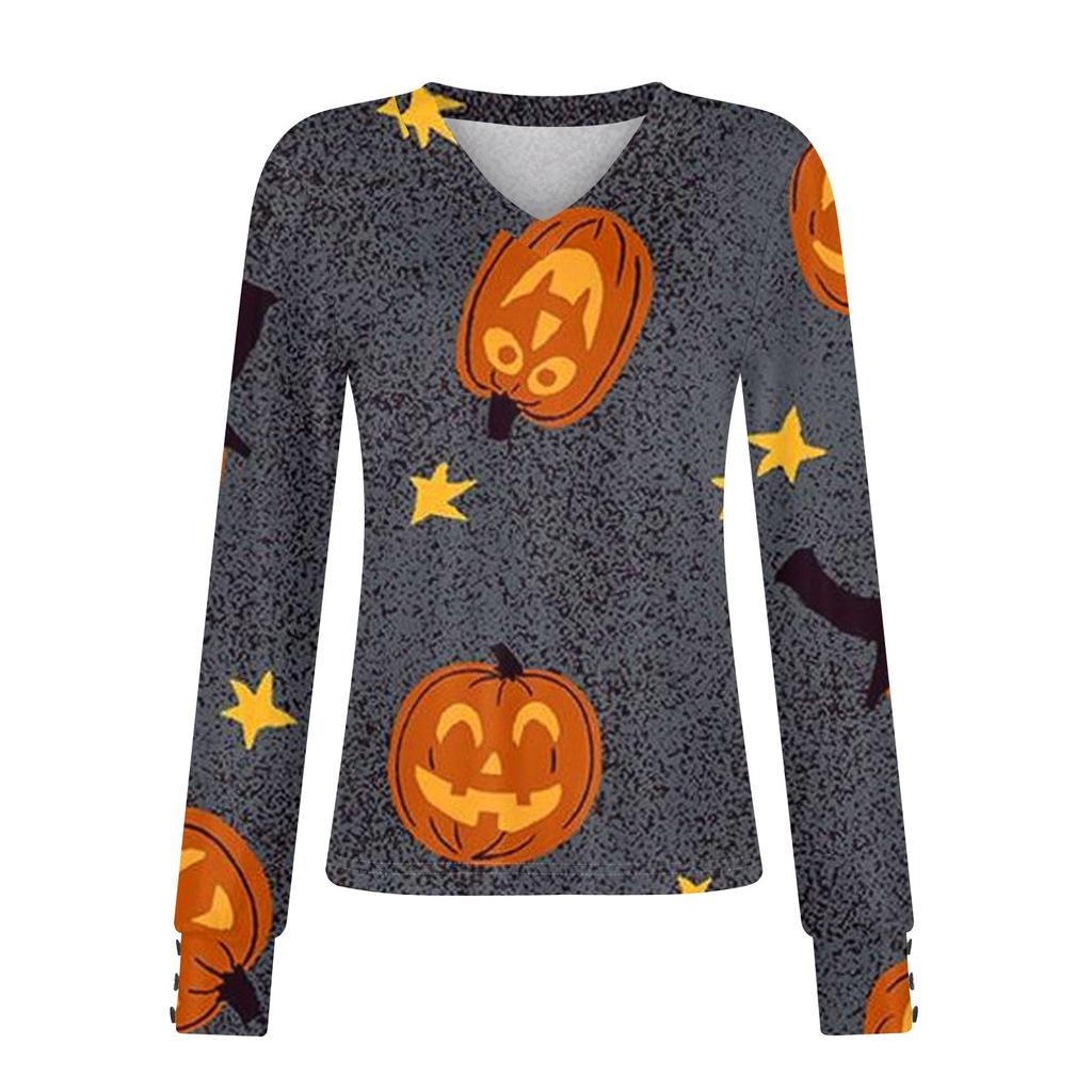 Women's Tops Halloween Printed Long Sleeve Shirt V Neck Casual Loose T-Shirt Autumn Clothing
