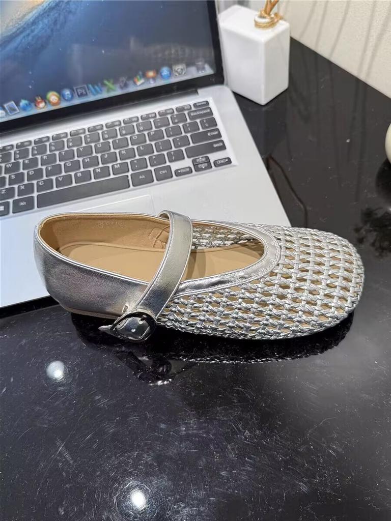 Туфли-балетки женские 2025 новые с ремешком из крючкованной сетки, с круглым носком и плоской подошвой, плетеные мэри джейн