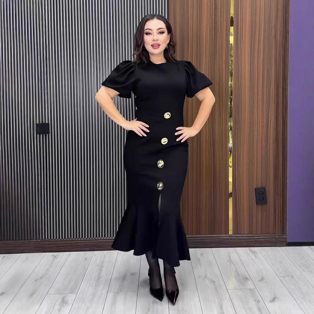 Элегантное платье-рыбка Осень 2025 - Однотонное, С коротким рукавом, Облегающее, С круглым вырезом