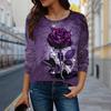 Women Spring Tops Purple Temptation Rose Print Causal Long Sleeve T-shirt Top Blouse