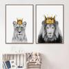 Lion and Lioness with Crown Canvas Poster Grassland King Animal Wall Art Print Painting Nursery Picture for Living Room Decor