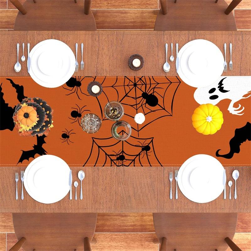 1pc Orenge Halloween Table Runner Witch Spider Web Tablecloth Dustproof Reusable Table Runner Halloween Dining Room Decoration