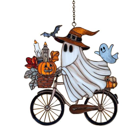 Halloween Ghost Ride Ornament with Lanyard Solar Trap Witch Hat Pumpkin Passenger Hanging Pendant Sun Catcher