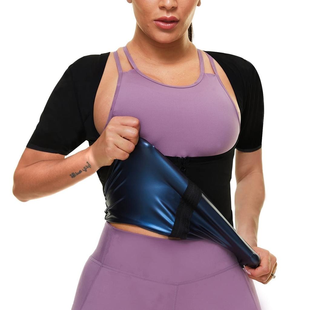 Women Sweat Vest Short Sleeve Waist Trainer Tops Zipper Compression Shirts Heat Trapping Sauna Suit Fitness Slimming Body Shaper Workout Cropped