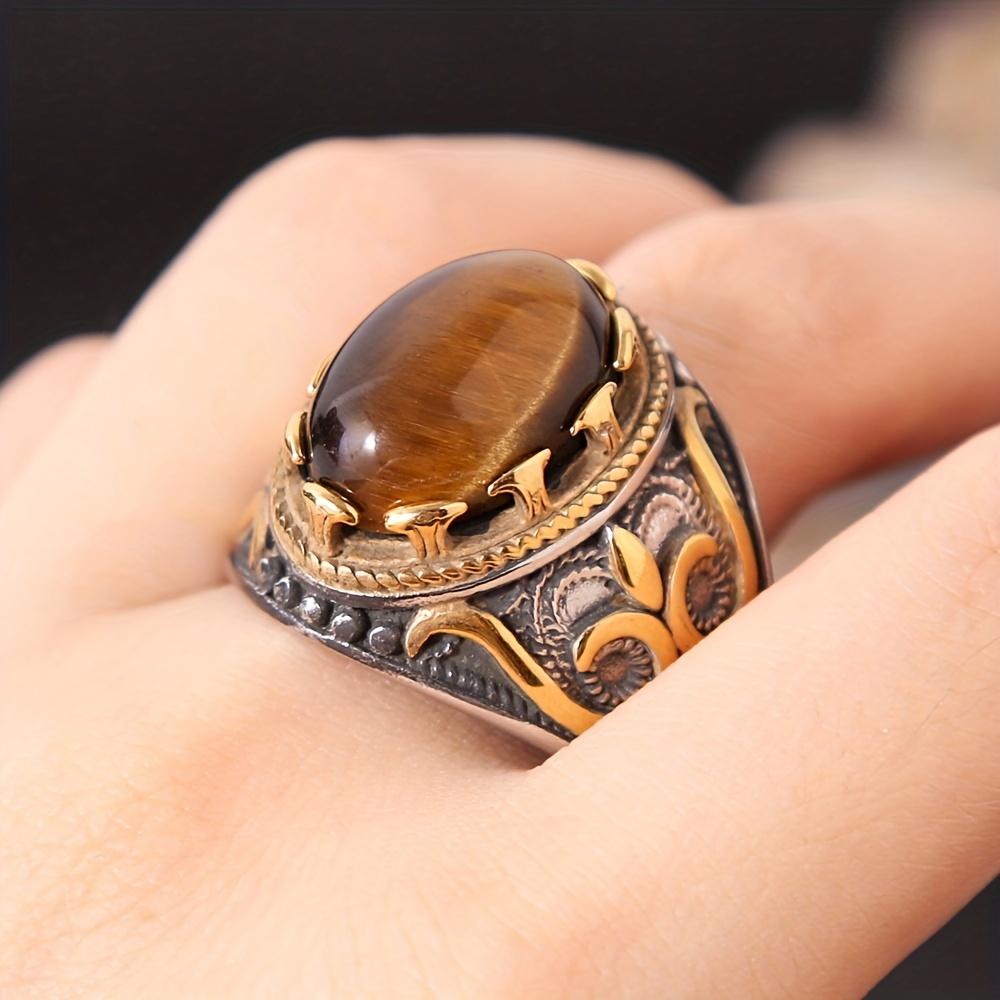 Fashion Vintage Oval Tiger Eye Ring for Men Punk Handmade Carved Stone Ring Jewelry Gift