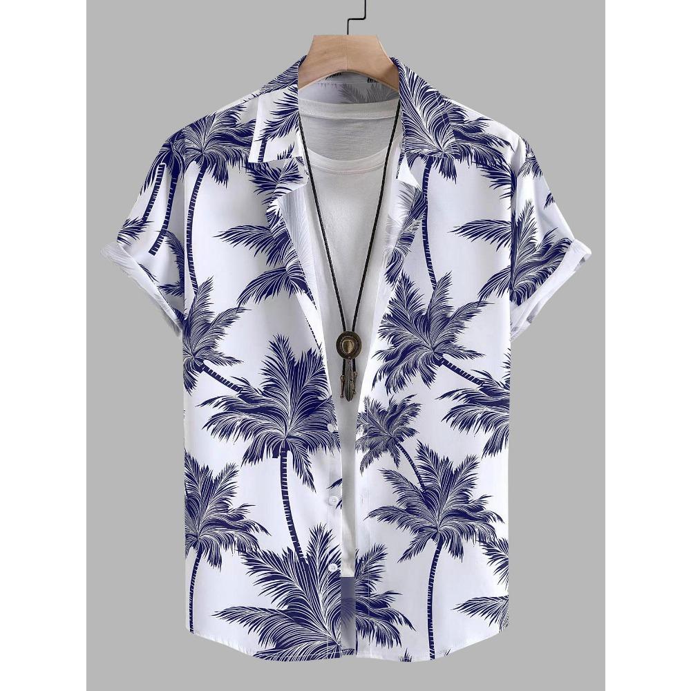 Tropical Coconut Tree Pattern Men's Short Sleeve Button Down Lapel Shirt For Summer Resort Holiday Hawaiian Style Oversized Tops