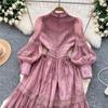 New Heavy Craft Lace Embroidery Hollow Out Party Evening Long Dress Women's Stand High Waist Lantern Sleeve Dresses Holiday