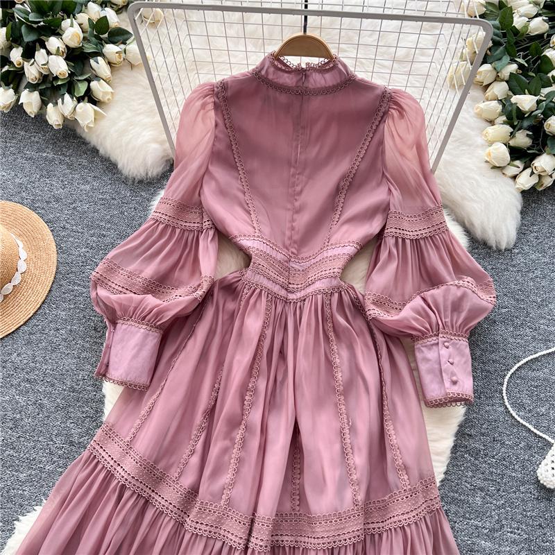 New Heavy Craft Lace Embroidery Hollow Out Party Evening Long Dress Women's Stand High Waist Lantern Sleeve Dresses Holiday