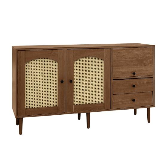 Country Style Sideboard with Rattan Doors, 130 x 75.5 x 40cm Magnetic Lock, Adjustable Shelves, Sturdy Structure, Versatile
