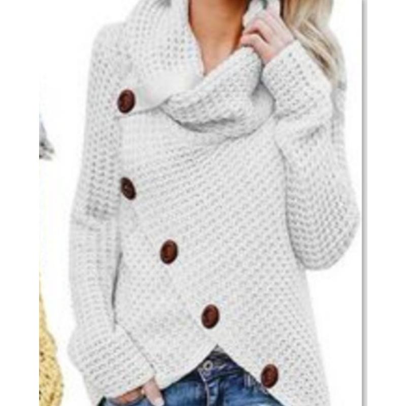 Осенне-зимняя мода, новый свитер с высоким воротником и длинным рукавом, нерегулярные пять косых пуговиц, трикотаж