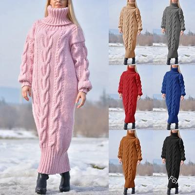 Осень-зима однотонный свитер с высоким воротом, свободный вязаный свитер, длинное платье, свитер для женщин