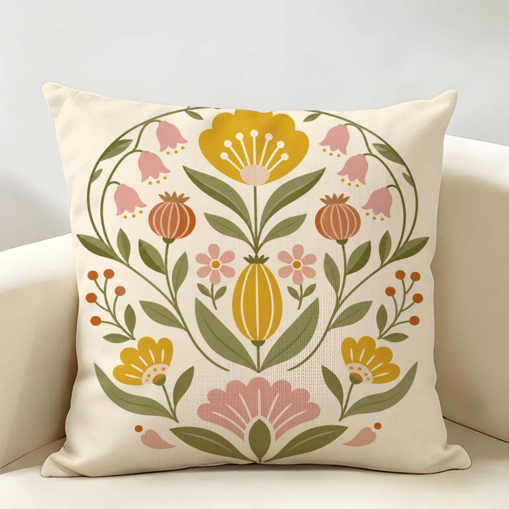 Scandinavian Yellow Folk Floral Cushion Cover Durable Hypoallergenic Organic Linen Short Pillow Cover Washable