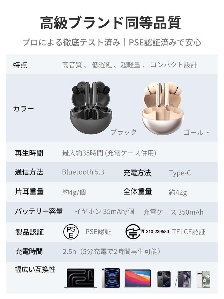 Беспроводные наушники-вкладыши [Комфортное качество звука Сверхлегкие 4 г 35 часов воспроизведения] Bluetooth 5.3 с микрофоном Мгновенное подключение и водостойкие