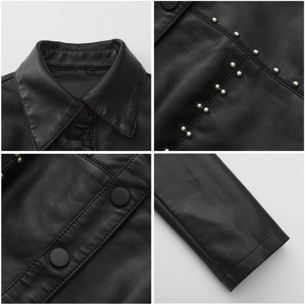 Fall Winter Women Lapel Collar Long Sleeve Slim Fit Zipper Pu Leather Jacket