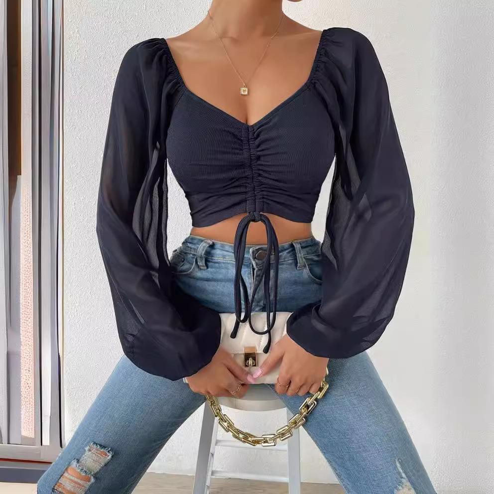 Summer New V-neck Chiffon Drawstring Lantern Sleeve Tight Fashion Sexy Shirt Top