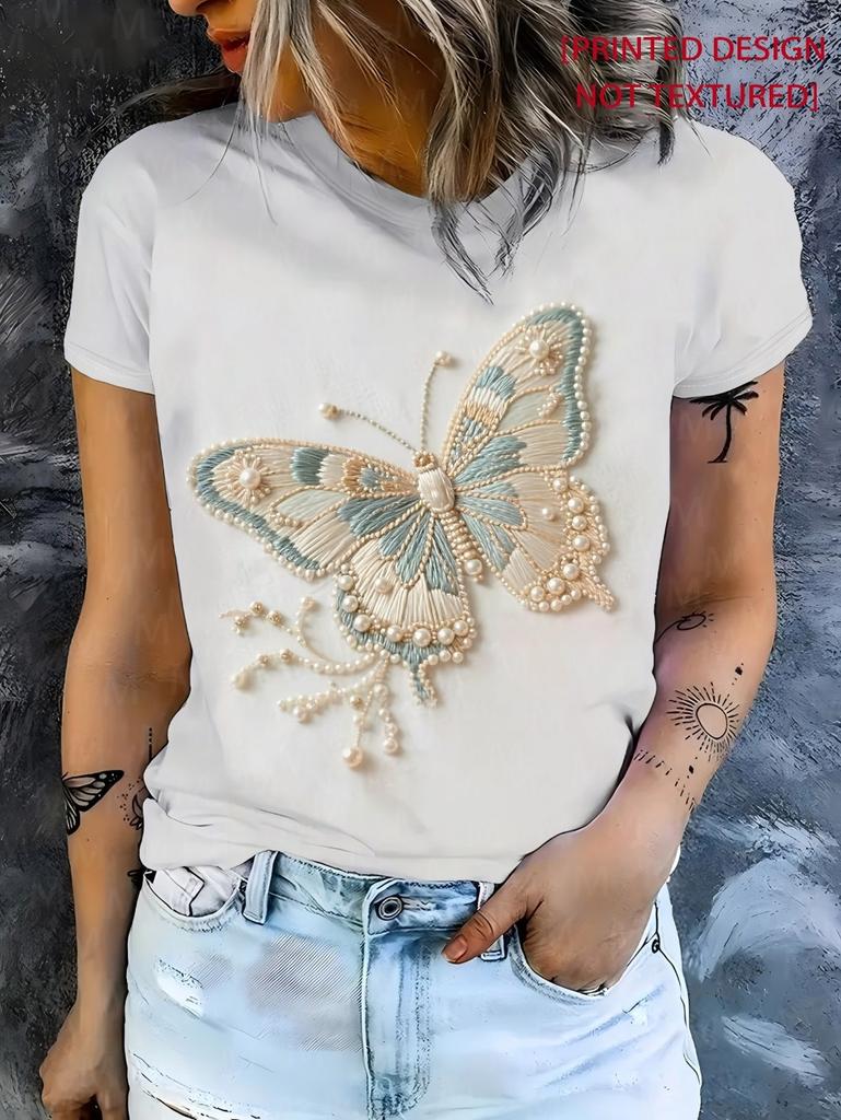 Dragonfly Butterfly Printed Women's T-Shirt for Spring and Summer Round Neck Fashionable Casual Short Sleeved Top Women Clothing