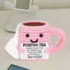 Funny Crochet Positive Pink Tea Cup Doll with Motivational Card Handmade Emotional Support Cup Desktop Ornament for Women Friend