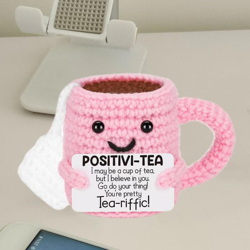 Funny Crochet Positive Pink Tea Cup Doll with Motivational Card Handmade Emotional Support Cup Desktop Ornament for Women Friend