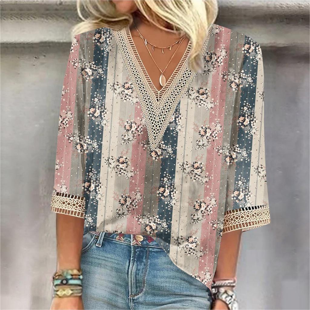 Women's Shirt Blouse Casual Loose Shirts 3/4 Sleeve Lace Trims Print V Neck Tops Print Tops T-shirts Tee