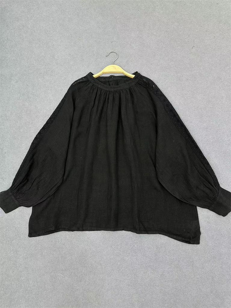 Johnature Японский винтажный круглый вырез лоскутное кружево свитер рубашка женская осень свободные винтажные повседневные рубашки