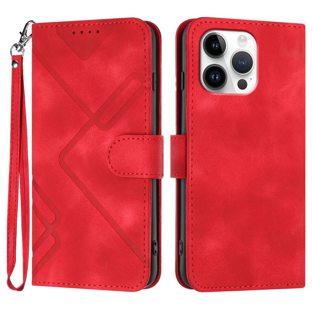For iPhone 16 Pro Max Wallet Case Line Imprinted PU Leather Phone Cover with Strap