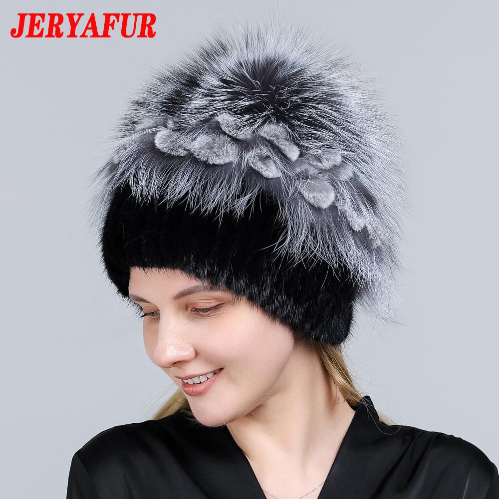 JERYAFUR Женская шапка из натурального меха норки, помпон из лисы, цветы кролика, стильная теплая модная зимняя шапка из натурального меха для девочек, вязаная