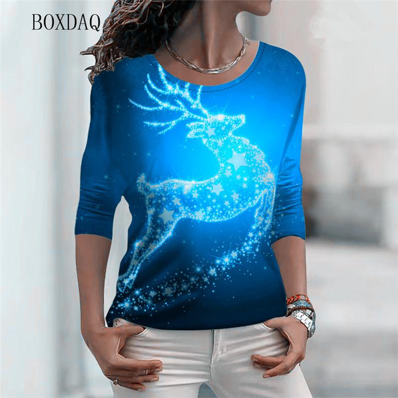 Женские рождественские модные футболки с длинным рукавом, осенне-зимние, с абстрактным рисунком оленя, 3D-принтом, уличная футболка, свободные повседневные топы