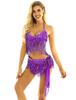 2Pcs Womens Shiny Sequin Tassels Belly Dance Costume Halter Bra Top with Hip Scarf Wrap Skirts Set Ballroom Dancewear