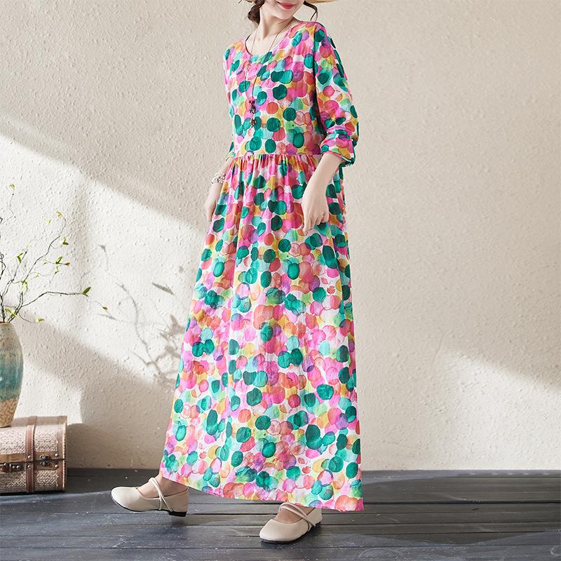 Весна Осень Цветочный Принт Круглый Вырез Ретро Свободное Длинное Платье Длинный Рукав Хлопок Льняное Платье Женская Одежда