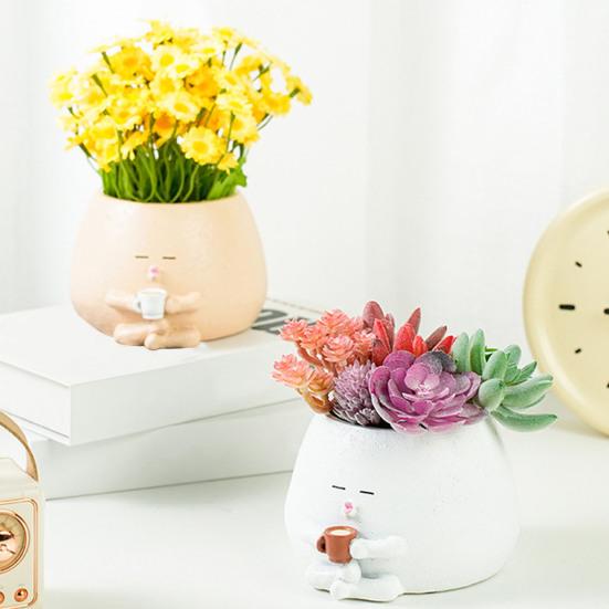 Face Planter Resin Cartoon Coffee Drinker Flower Pot Sitting Figure Succulent Planter with Drainage Hole for Indoor Outdoor Potted Plants