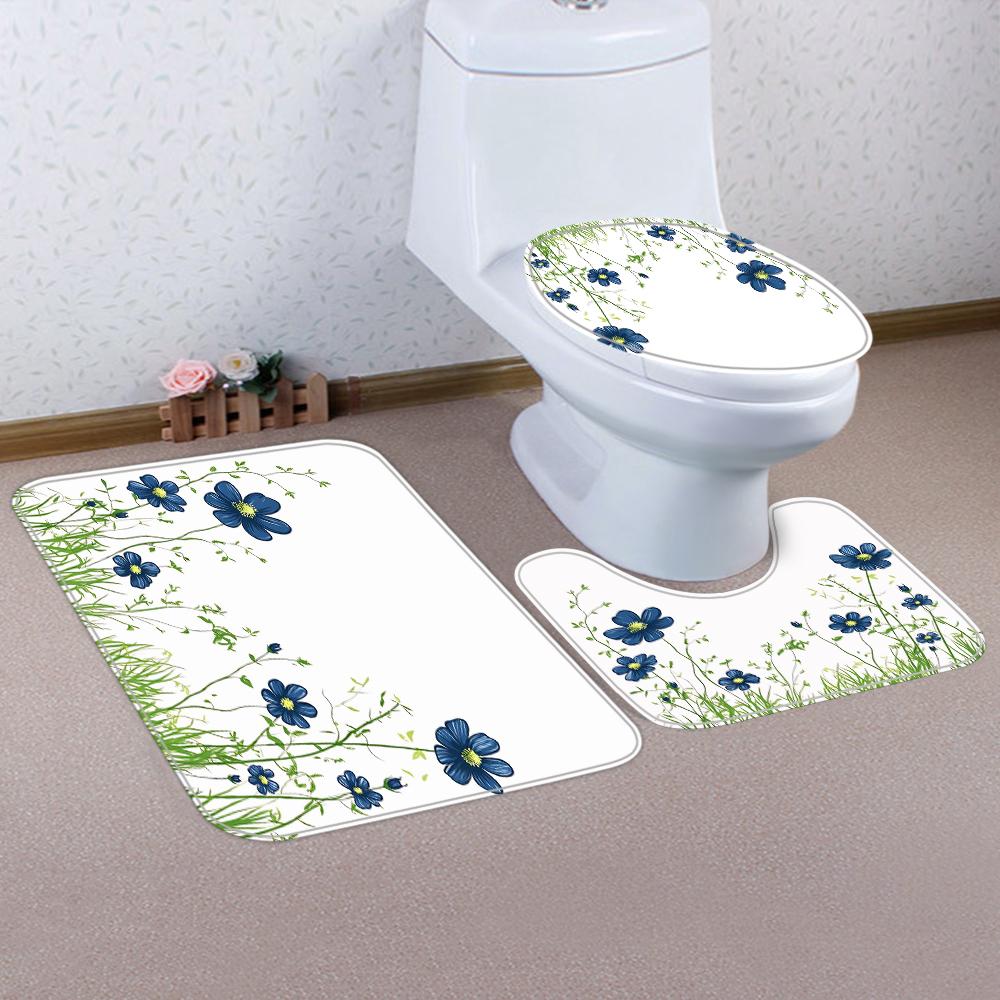 1/4 flowers and plants print shower Curtains, Toilet Seat Decoration, Shower Curtain with Carpet and Toilet Lid, 70.8x70.8 inch