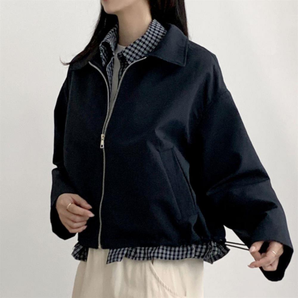 New Arrivals Open Run Women Check Layered Zip Up Blouson Jumper