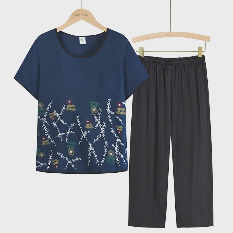 Летние двухкомпонентные топы из хлопка и льна для женщин 60-70 лет - Короткий рукав