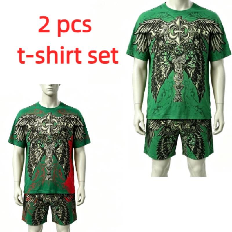 Fashion Summer Casual Retro Angel Wing Printed Round Neck Short Sleeved T-Shirt And Shorts Set Men's and Women's T-shirt Shorts Set