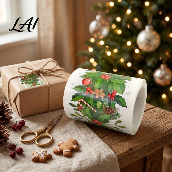 Continuous Roll Seasonal Stickers Christmas Wreath Border Roll Eucalyptus Pine Branches/Elk Handbook Collage Adhesive Strips Illustrations