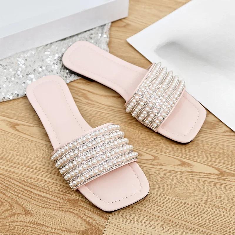 Плоские шлепанцы для женщин, модные женские сандалии с бисером, летние женские тапочки конфетных цветов