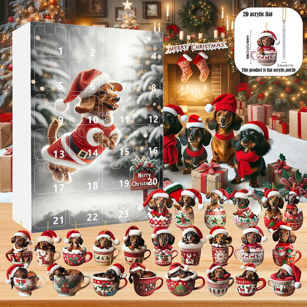 2025 Dachshunds Advent Calendar 2D Acrylic Dachshunds Ornament Christmas Holiday Countdown Calendar Xmas Tree Hanging Pendants
