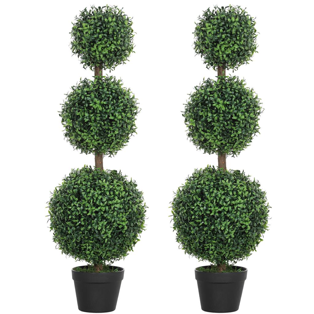 Set of 2 artificial trees 101.6 cm 3 boxwood topiary balls fake plant green PE with pot indoor and outdoor