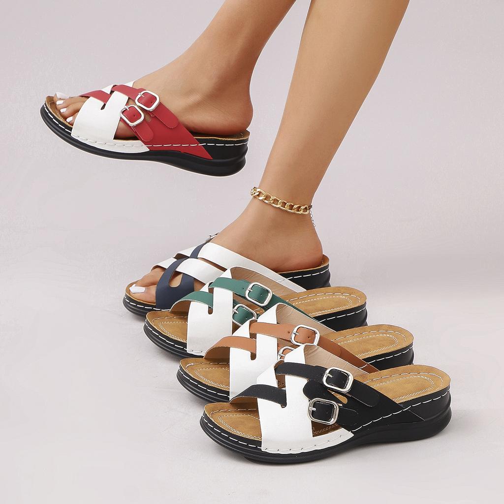 Европейские и американские туфли на танкетке большого размера, женские, новинка 2025 года, с толстым дном, с пряжкой на ремне, одно слово, классные тапочки