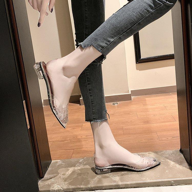 Женская обувь, летняя пикантная дышащая обувь на низком каблуке из ПВХ с острым носком, размеры 35–42, корейская версия со стразами