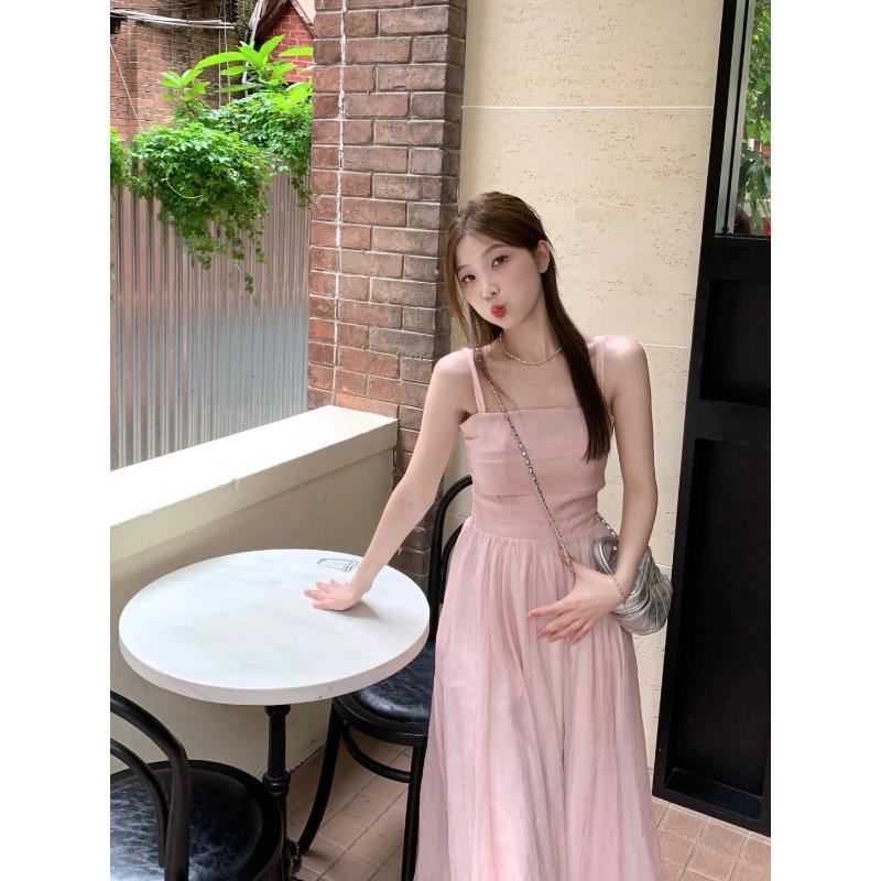 Sweet Fairy Style Party Midi Dress Women Summer New Date High Sense Slimming Pink Clothing Female Gentle Princess Strap Dress