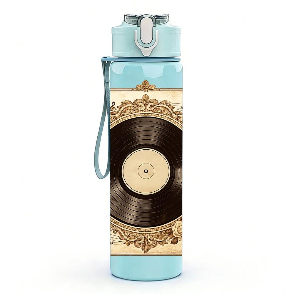 1PC Retro Vinyl Record Vintage Print 750ml Color Plastic Sports Water Bottle Leakproof Flip Straw Lid Suitable for Sports Office Home Use
